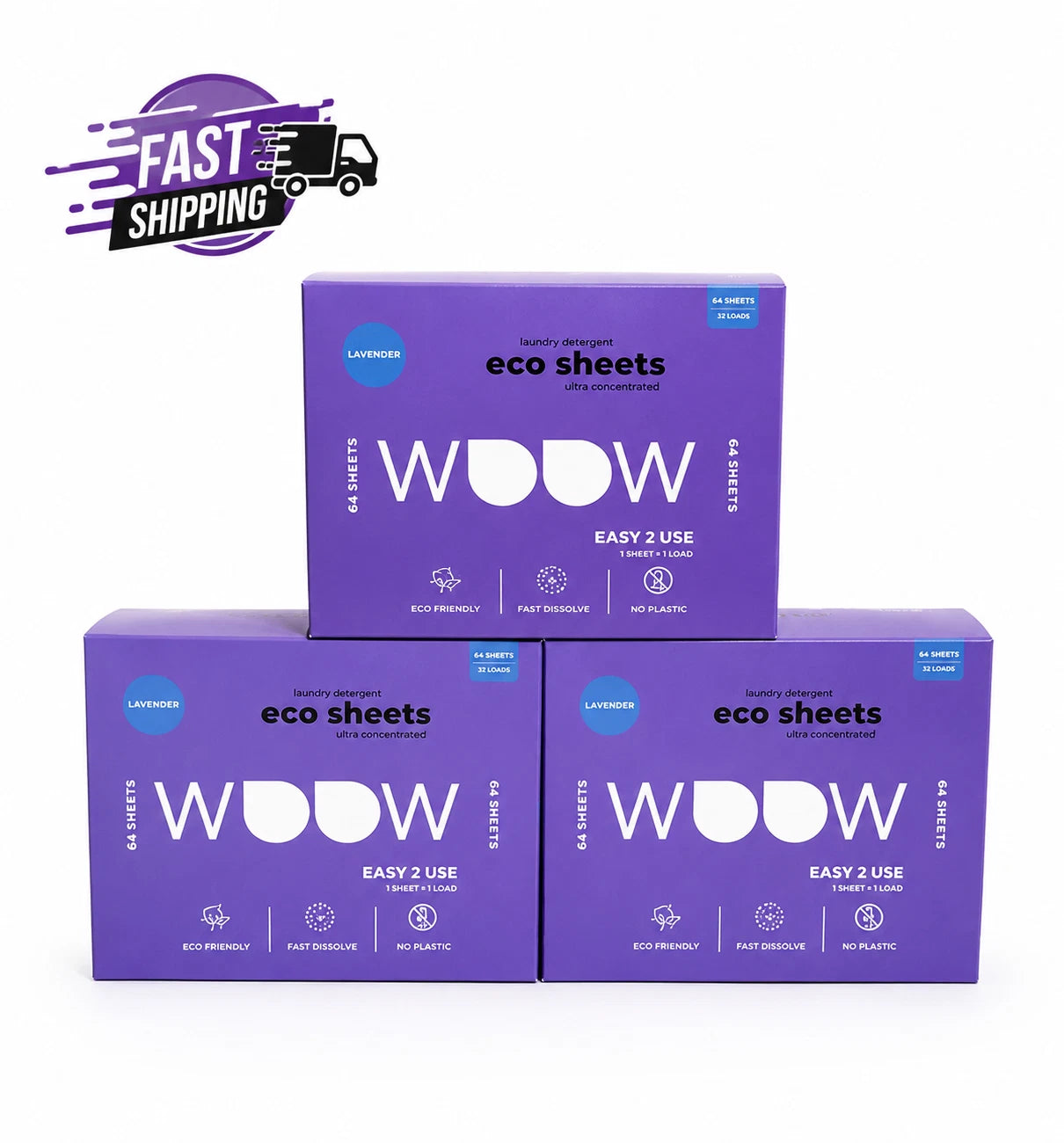 WOOW Eco Laundry Detergent Sheets 3-Pack Lavender 64 Sheets Each Fast Ship